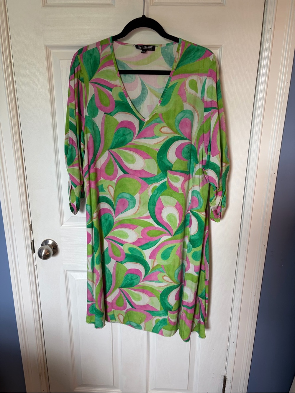 Orage V-Neck Tunic Dress in Green, Pink & White Swirl Print